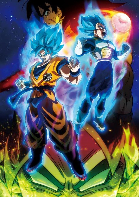 ملصق فيلم Dragon Ball Super: Broly يعرض غوكو وفيجيتا وبرولي في مشهد قتالي ملحمي